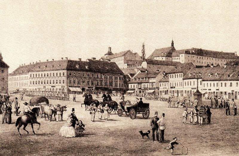 Trg bana Jelačića 1860. godine (litografija Juliusa Hühna)
